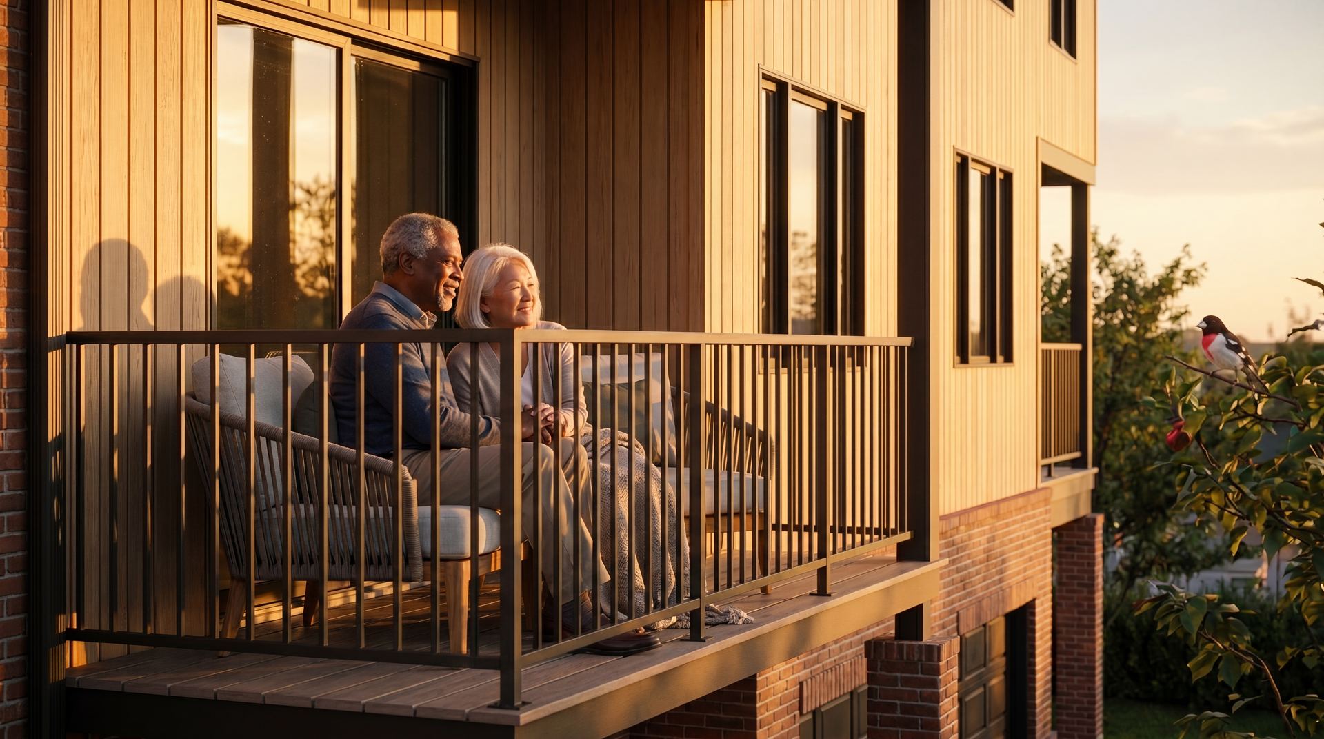 Elderly couple relaxing on balcony with garden view